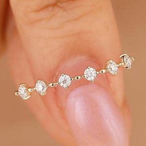 14K Bubble Prong Set Ring, Moissanite Wedding Band, Dainty Yellow Gold Sapphire Stacking Ring, Minimalist Moissanite Band, Thin 6 Stone Band