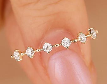 14K Bubble Prong Set Ring, Moissanite Wedding Band, Dainty Yellow Gold Sapphire Stacking Ring, Minimalist Moissanite Band, Thin 6 Stone Band