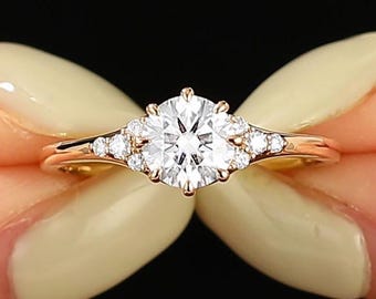 Round Moissanite Engagement Ring, Vintage Anniversary Gift, Rose Gold Wedding Ring For Fiancee, Dainty Stacking Ring, Antique Promise Ring