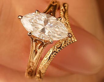 14K Solid Gold 2CT Marquise Moissanite Engagement Ring Set, Vintage Yellow Gold Filigree Stacking Rings
