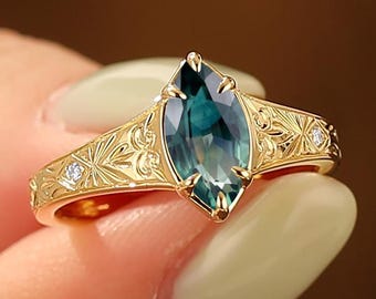 Engraved Teal Sapphire Engagement Ring For Her, Marquise Cut Anniversary Promise Ring Gift