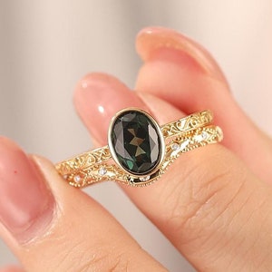 Oval Blue Green Sapphire Engagement Ring Set, Vintage Yellow Gold Wedding Ring, Promise Anniversary Bridal Set, Antique Statement Ring