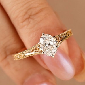 Filigree Oval Cut Lab Grown Diamond Solitaire Ring, CVD Oval Diamond Engagement Ring, Anniversary Gift For Her, Art Deco Wedding Ring