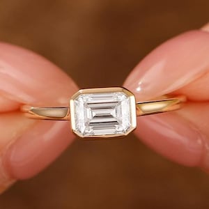 Solid Gold Emerald Cut Moissanite Engagement Ring, East to West Ring, Yellow Gold Moissanite Ring, Anniversary Gift for Woman, Wedding Ring
