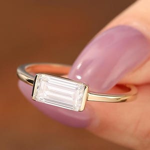 East West Emerald Cut 5x9mm Moissanite Engagement Ring, Elongated Emerald Moissanite Ring, Half Bezel Set Anniversary Ring For Women
