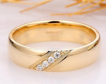 Solid Gold Ring For Husband, Simple Men's Band, Round Moissanite Wedding Ring For Him, Wide Men's Band, Handmade Promise Anniversary Gift
