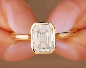2CT Emerald Cut Moissanite Solitaire Ring, 14K Yellow Gold Engagement Ring, Bezel Setting, Statement Ring, Gift For Her, Anniversary Ring