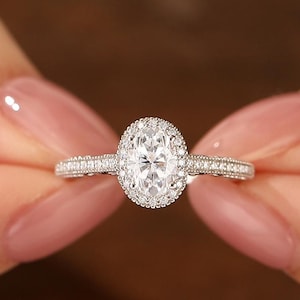 Oval Cut 5x7mm Moissanites Engagement Ring, 14k Solid Gold Milgrain Art Deco Halo Moissanite Ring Unique, Anniversary Gift For Lover