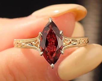 Solid Gold Marquise Garnet Engagement Ring, Women's January Birthstone Jewelry