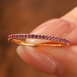 Dainty 1.2mm Natural Ruby Full Eternity Wedding Band, Anniversary Bridal Ring, Gold Minimalist Ring, Handmade Delicate Ring Gift For Her