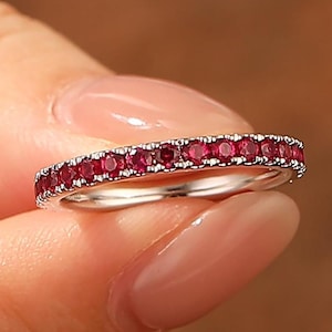 Ruby Full Eternity Ring, Ruby Straight Wedding Band, Anniversary Bridal Ring, Rose Gold Stacking Ring, Simple Style Lab Created Rubies Ring