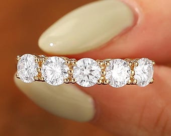 Anello con 5 pietre di moissanite, anello di fidanzamento in oro rosa massiccio 14k, fede nuziale con moissanite, fede nuziale, regali per l'anniversario di matrimonio per lei
