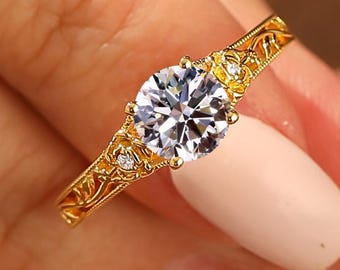 IGI Certified Lab Grown Diamond Engagement Ring, 14k Gold Milgrain Ring