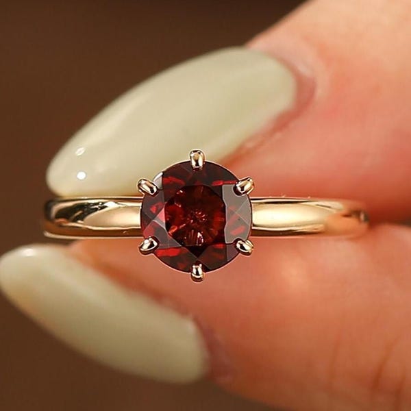 Natural Round Red Garnet Engagement Ring, Gemstone Promise Ring For Women, January Birthstone Anniversary Ring, Birthday Gift For Her