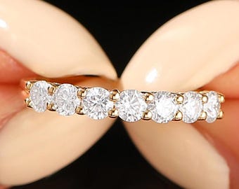 Round Moissanite Solid 14k Yellow Gold Wedding Band, 7 Stone Anniversary Ring