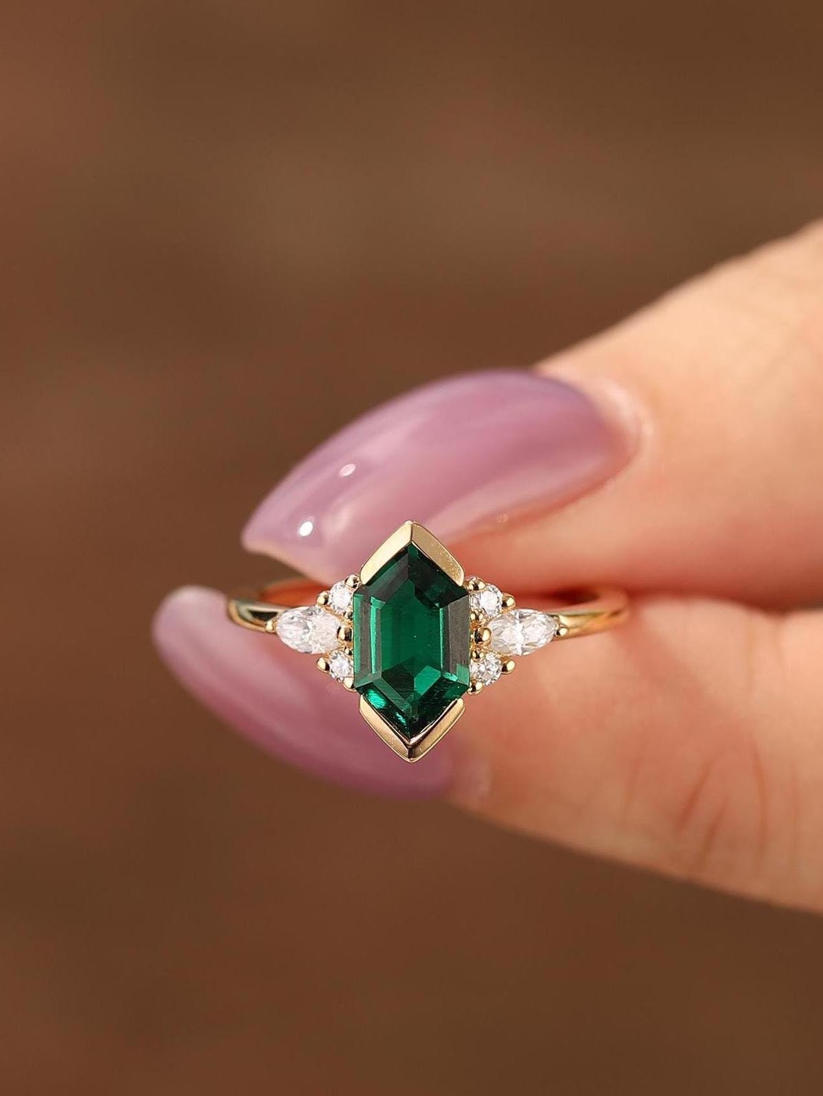 Hexagon Cut Emerald Engagement Ring, Solid Gold Moissanite Cluster Ring, May Birthstone Emerald Ring, Handmade Wedding Rings For Women
