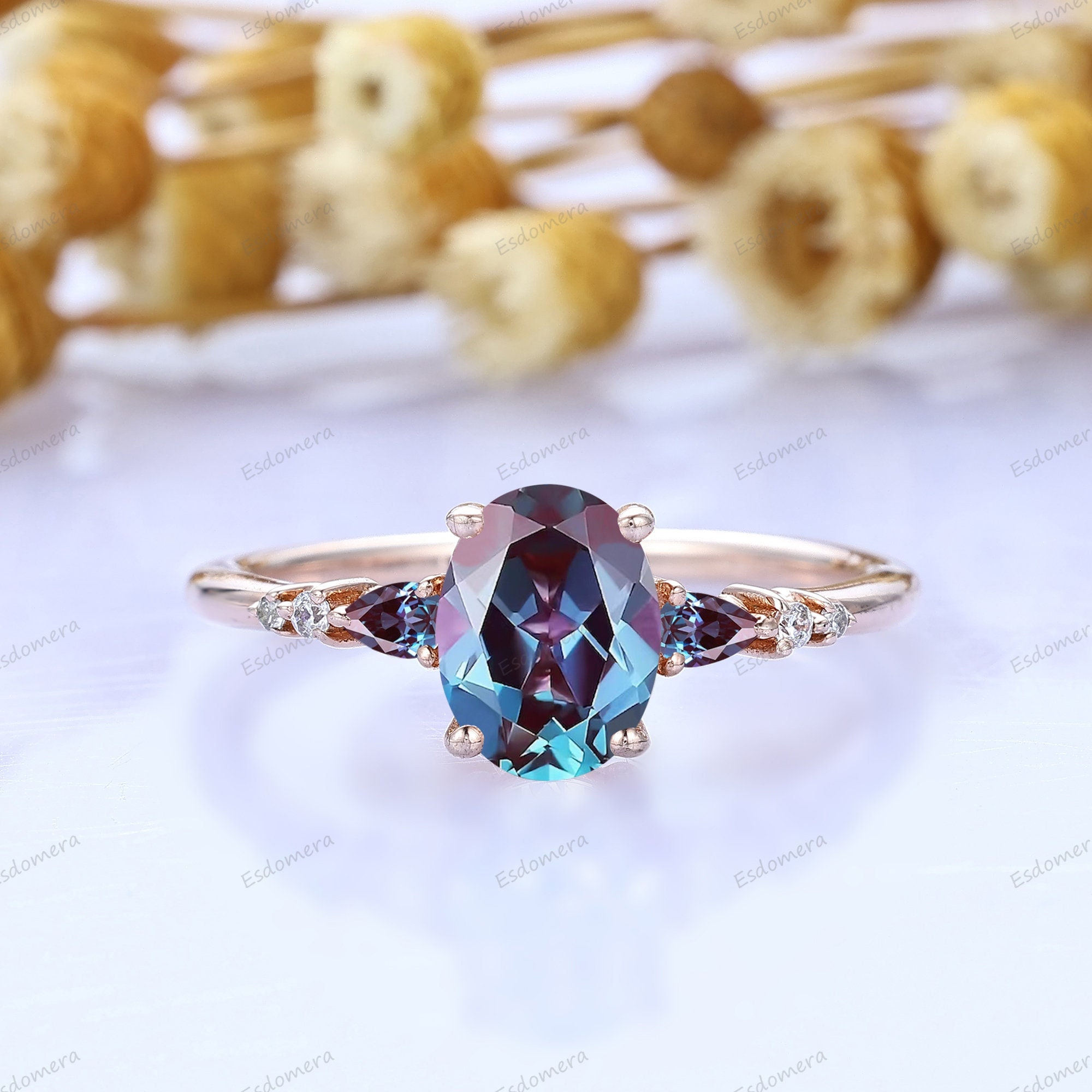 Color Change Oval Cut Alexandrite Engagement Ring, Solid Gold Alexandrite Ring, Perfect Gift For Her, Unique June Birthstone Jewelry
