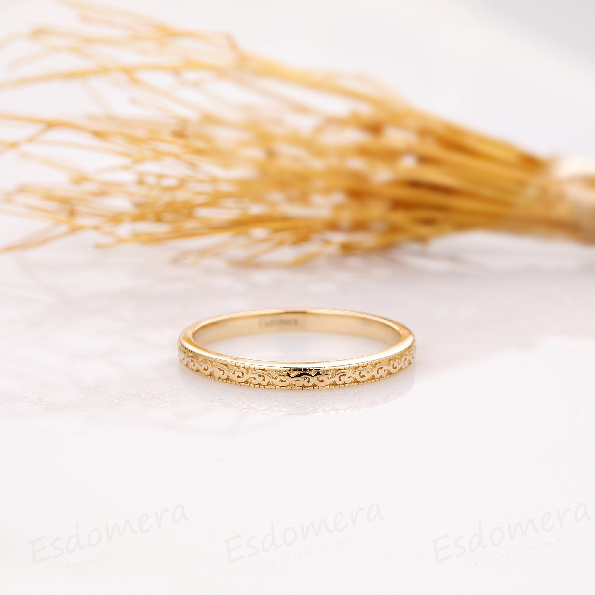 Aliança de casamento em ouro amarelo 14k maciço, anel combinando, joia feita à mão, anel de ouro antigo simples, anel simples, anel feminino para uso diário, presente para ela