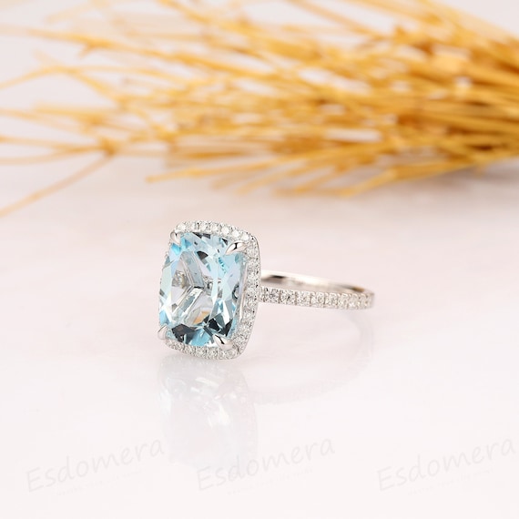 Natural Aquamarine Ring Long Cushion Cut 8x10mm Aquamarine