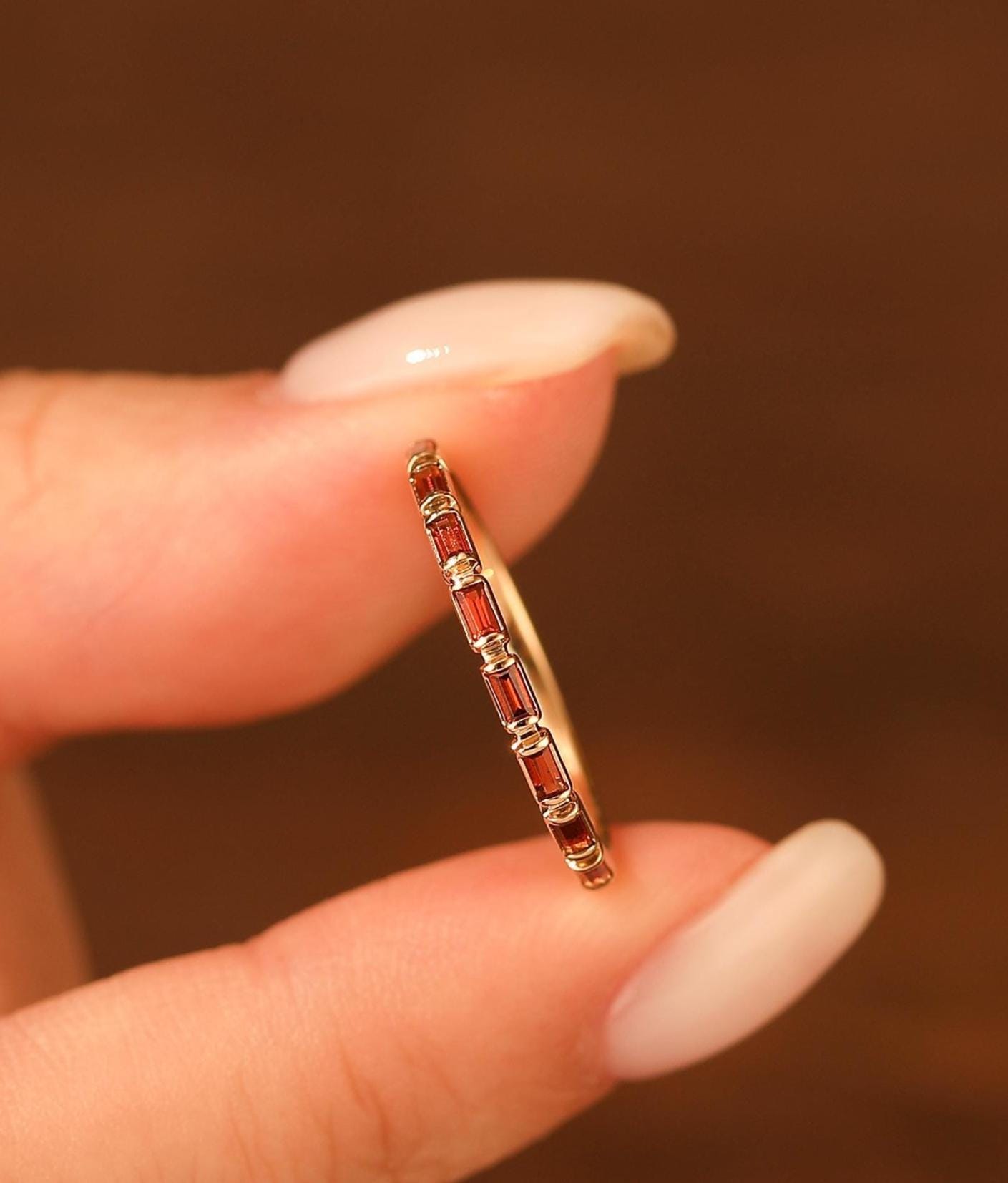 Solid Gold Garnet Baguette Ring, January Birthstone Ring, Baguette Gemstone Ring, Gold Minimalist Gemstone Ring, Anniversary Band Ring