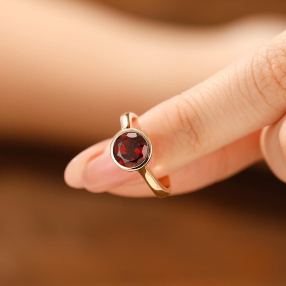 Bezel Set Garnet Ring Round Cut 1.5CT Natural Red Garnet Wedding Ring Solitaire Ring 14k Solid Yellow Gold Engagement Ring Unique Ring Etsy