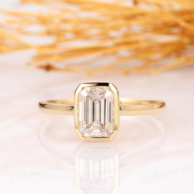 Bezel Setting Ring, 1CT Emerald Cut Moissanite Ring, 14K Yellow Gold Engagement Ring, Anniversary Ring, Bridal Promise Ring, Gift For Her image 1