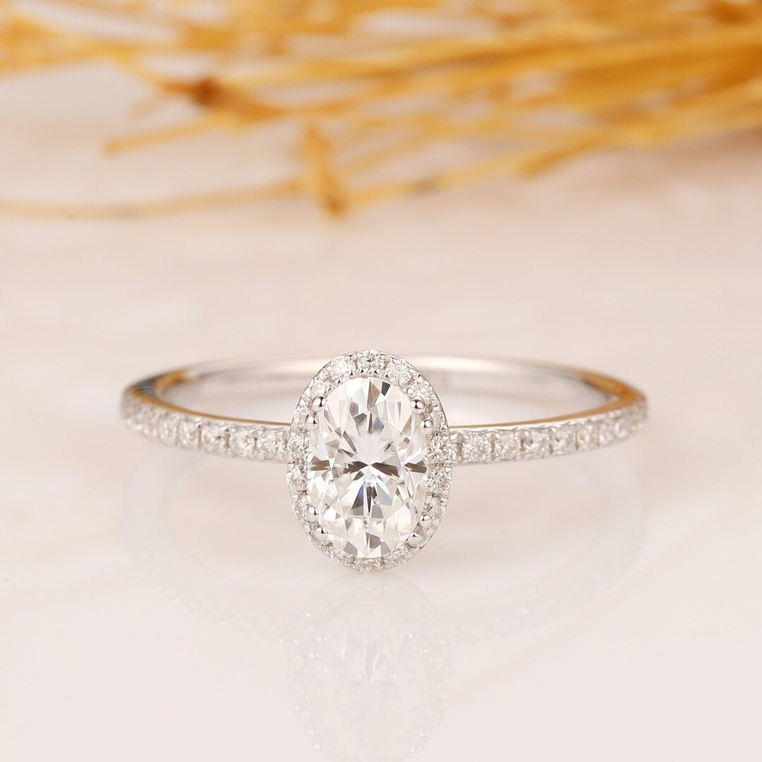Halo Ring, Oval Cut 0.5CT Moissanite Engagement Ring, 14k Solid White ...