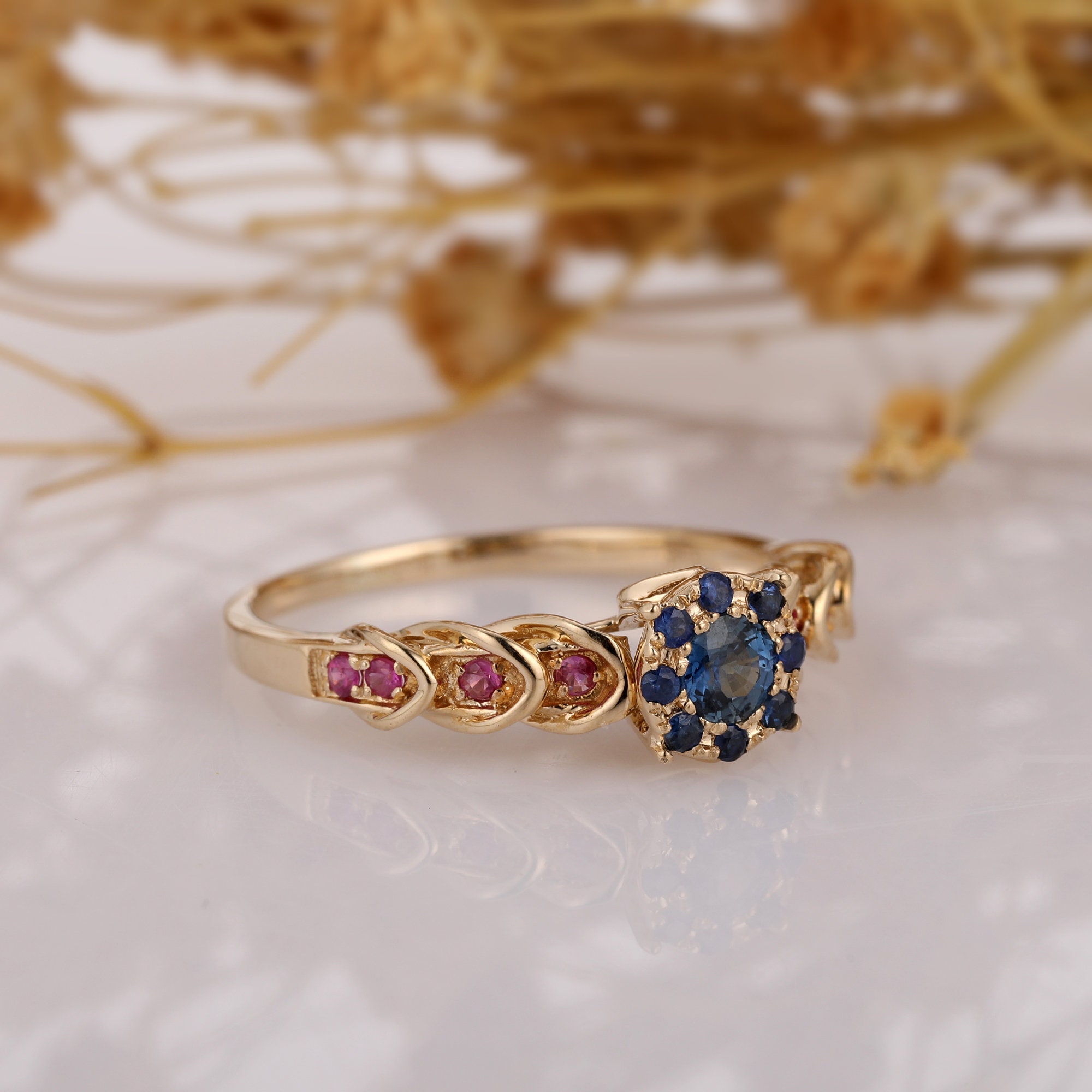 Natural Blue Sapphire Ring Ruby Gemstone Halo Vintage | Etsy