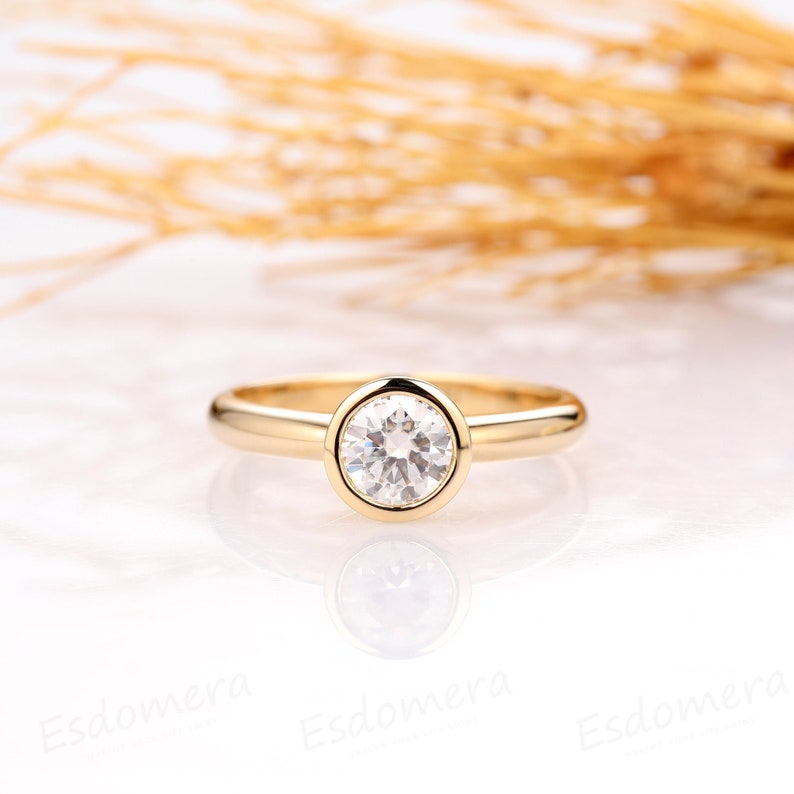 Moissanite Silver Ring, Bezel Set 0.80CT Round Colorless Moissanite Ring, Simple Solitaire Yellow Gold shops Plated Engagement Ring, Wedding Ring