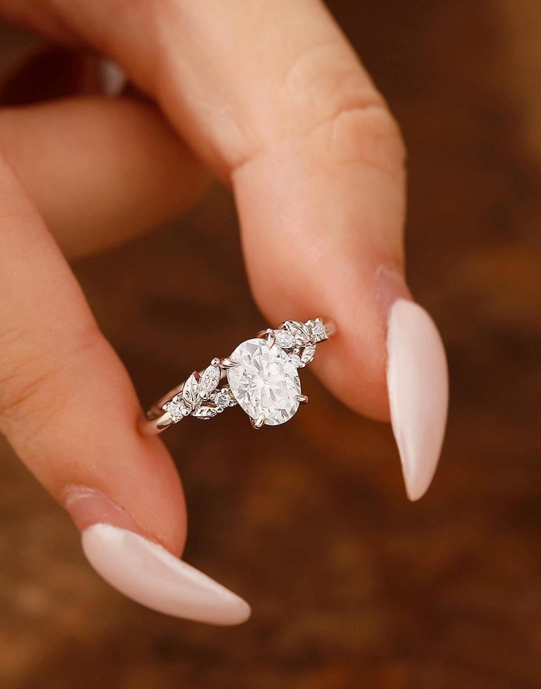 Oval Moissanite Leaf Bridal Ring, Anniversary Promise Ring, Gold