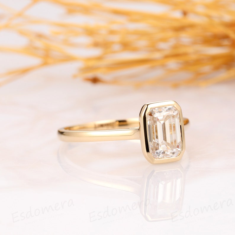 Bezel Setting Ring, 1CT Emerald Cut Moissanite Ring, 14K Yellow Gold Engagement Ring, Anniversary Ring, Bridal Promise Ring, Gift For Her image 2