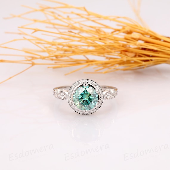 Round Cut 2CT Blue Moissanite Engagement Ring Vintage Women s