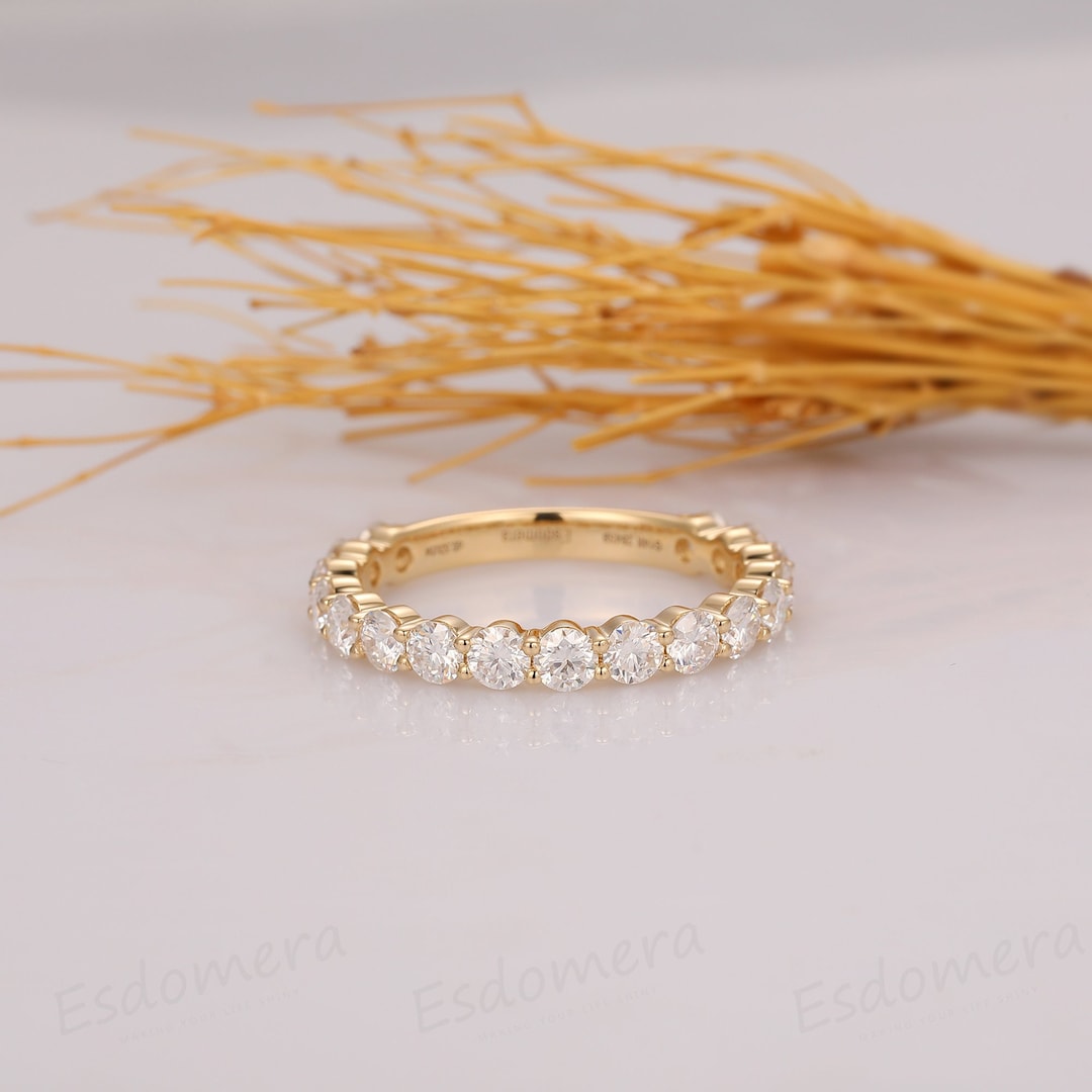 3/4 Eternity Moissanite Wedding Band, Solid 14k Yellow Gold 3.5mm Round ...