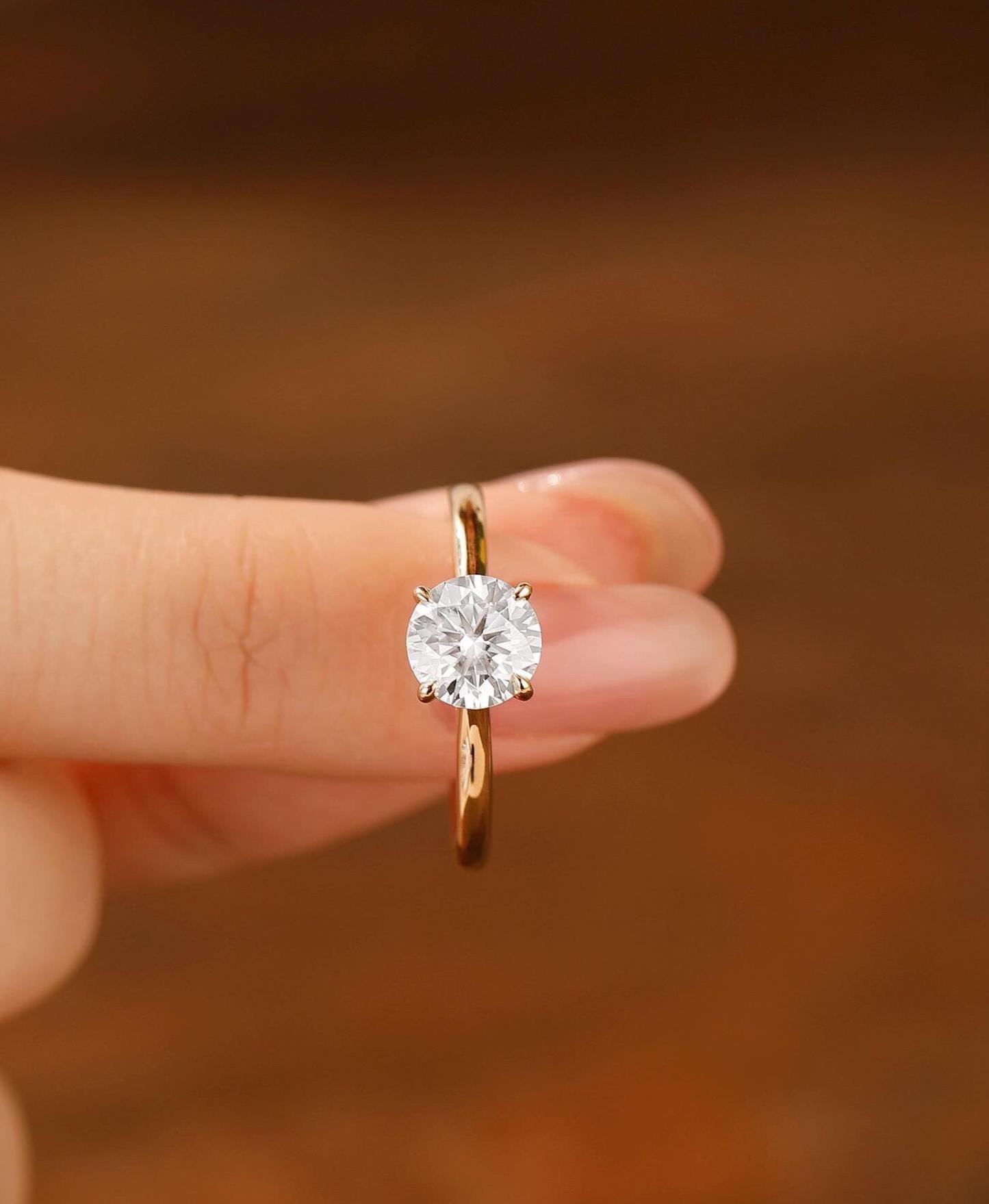 7mm Round Cut Moissanite Engagement Ring, 14K Solid Yellow Gold Solitaire Bridal Wedding Ring, Hidden Halo Ring, Anniversary Gift For Her