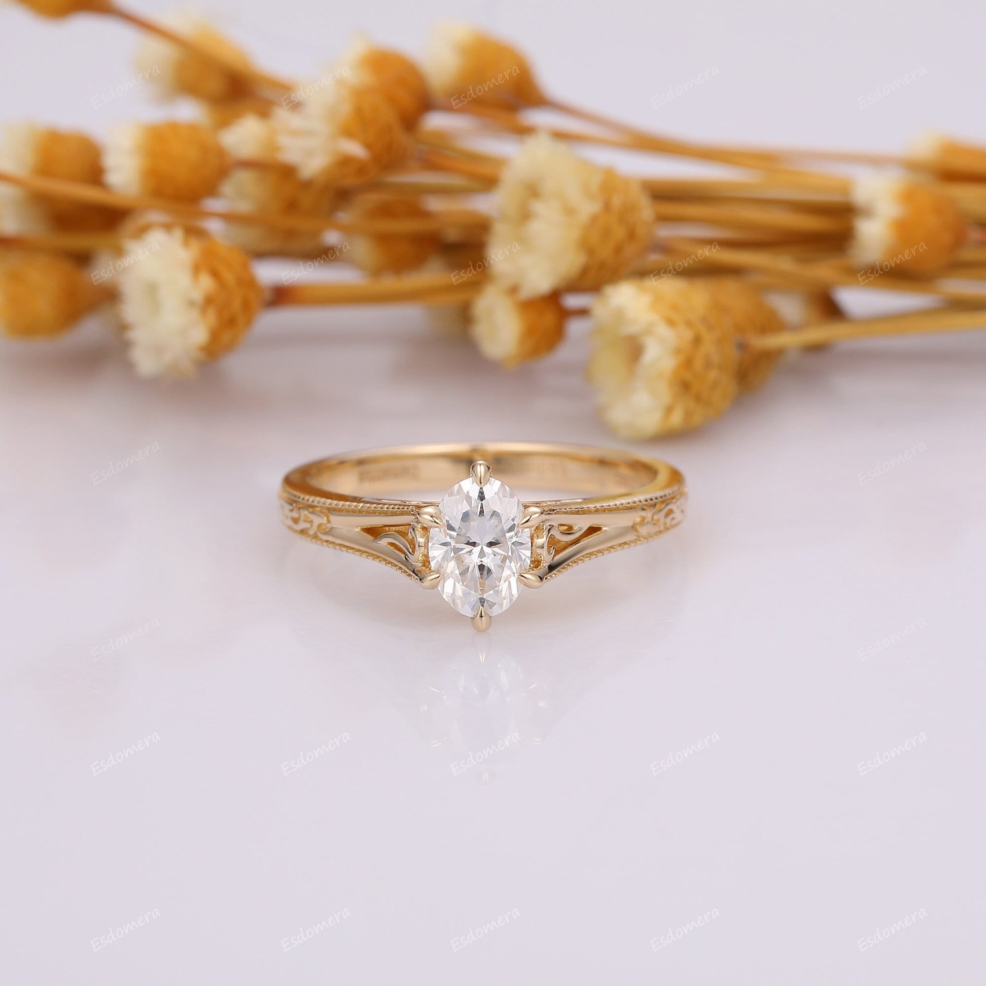 Art Deco Filigree Oval Moissanite Solitaire Ring, Vintage 1CT Oval Moissanite Engagement Ring For Women, 14K Yellow Gold Anniversary Ring
