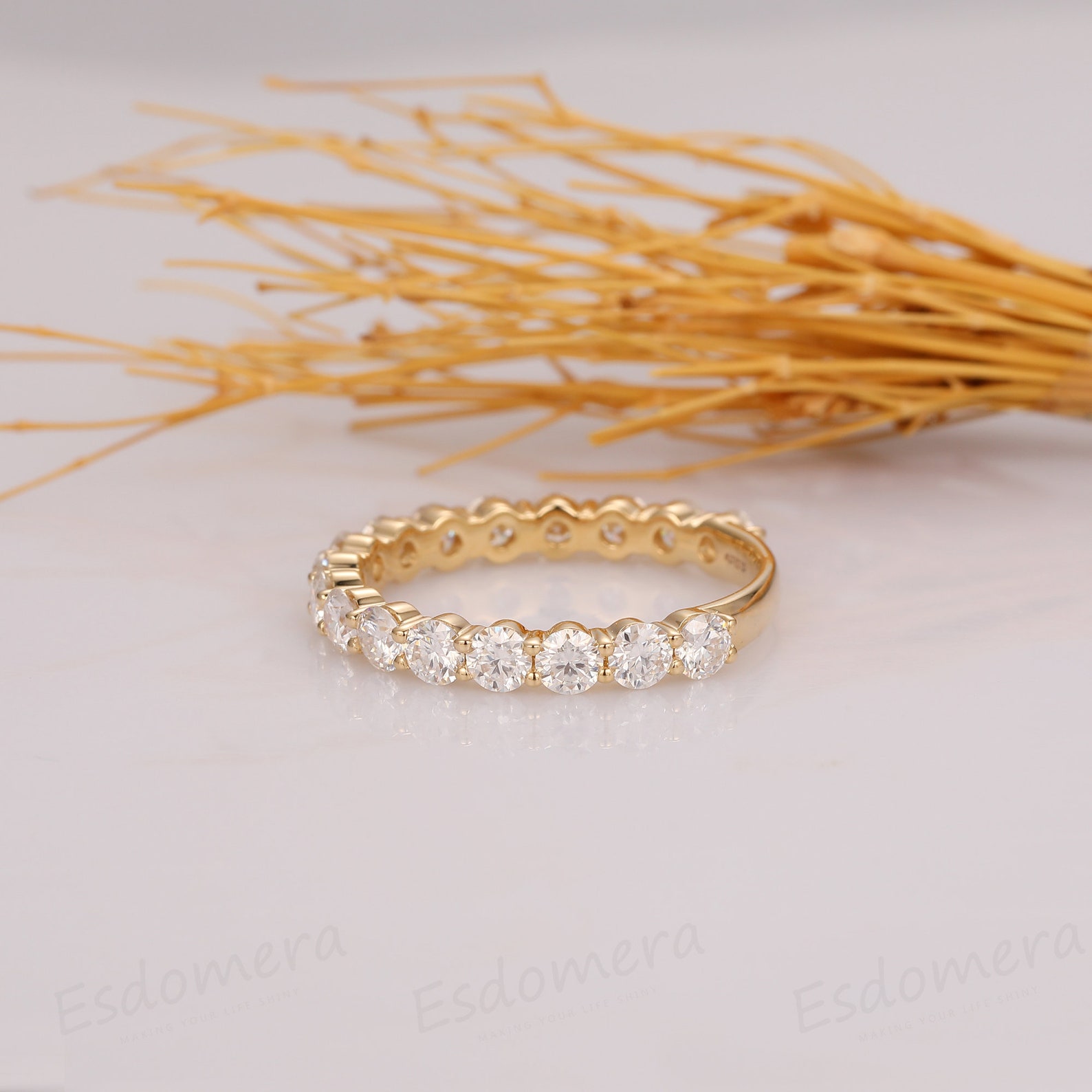 3/4 Eternity Moissanite Wedding Band, Solid 14k Yellow Gold 3.5mm Round ...