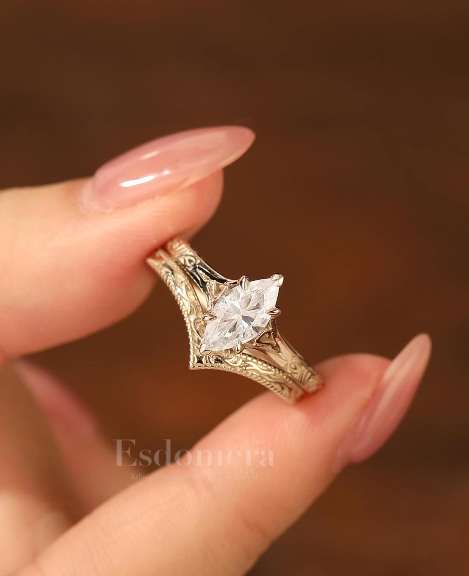 Unique Flat Wings Marquise Cut Moissanite Engagement Ring Set, Antique Band Bridal Set