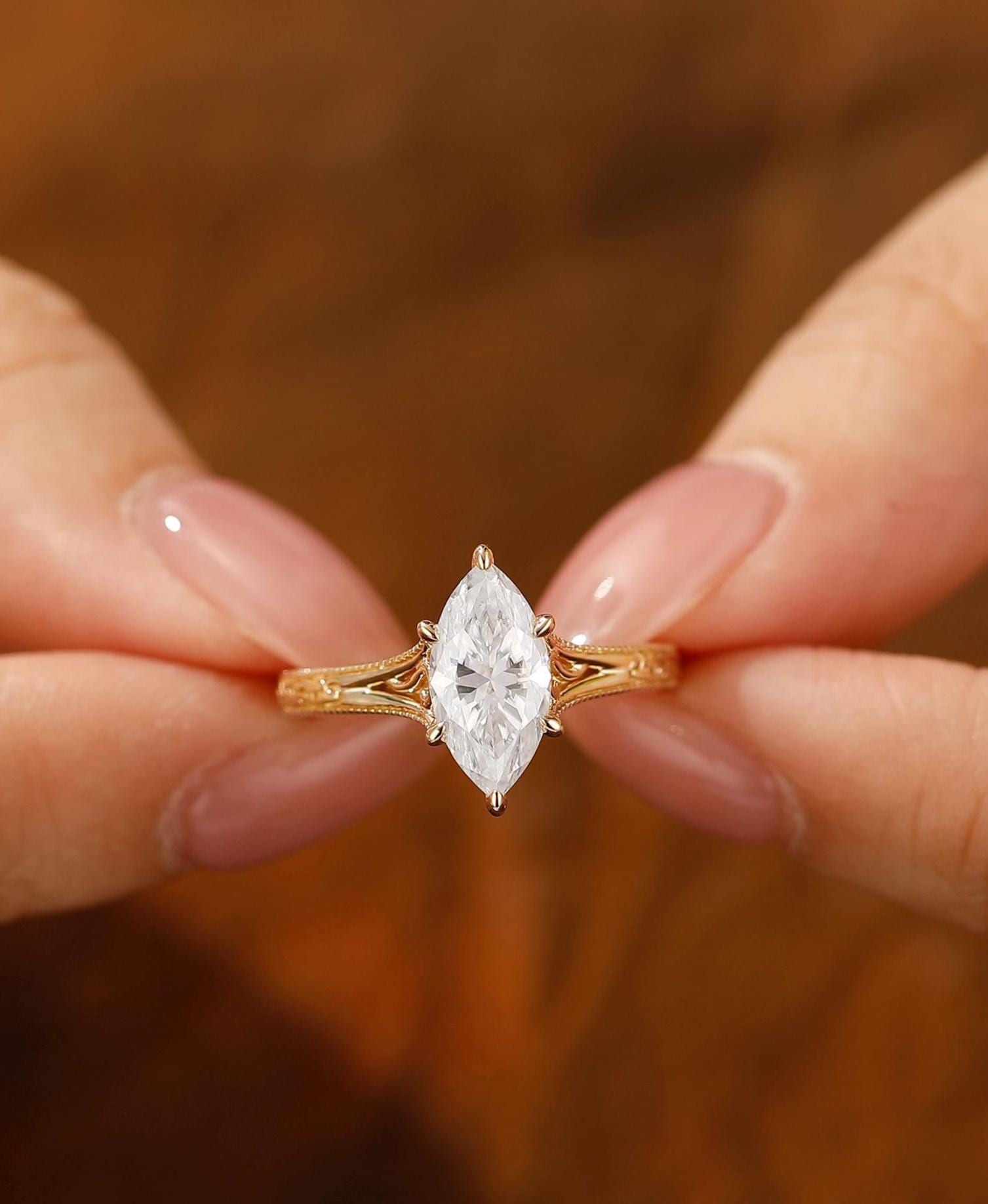 Solid Yellow Gold Marquise Cut Solitaire 2CT Marquise Cut Moissanite Ring, Filigree Wedding Ring, 6 Prongs Anniversary Diamond Ring For Her