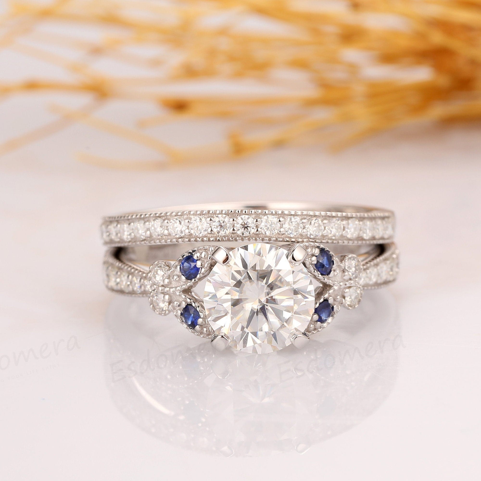 Moissanite Bridal Set Round 2ct Esdomera Moissanite Ring Etsy