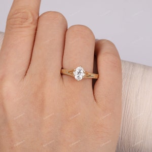 Art Deco Filigree Oval Moissanite Solitaire Ring, Vintage 1CT Oval Moissanite Engagement Ring For Women, 14K Yellow Gold Anniversary Ring image 7