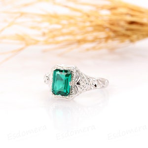Emerald Ring, Vintage Emerald Cut 2CT Emerald Engagement Ring, 925 ...