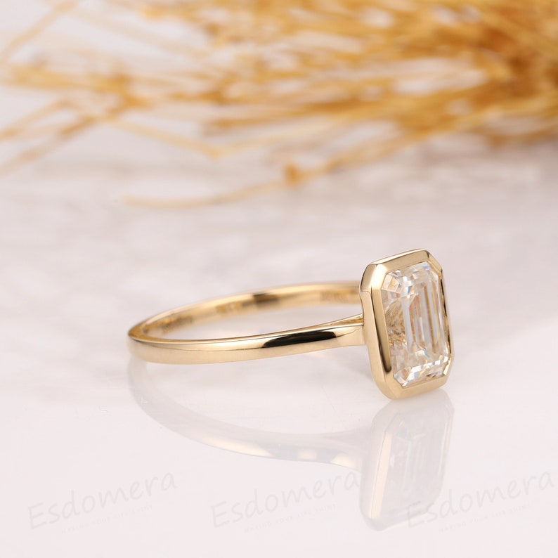 2CT Emerald Cut Moissanite Solitaire Ring, 14K Yellow Gold Engagement Ring, Bezel Setting, Statement Ring, Gift For Her, Anniversary Ring image 6
