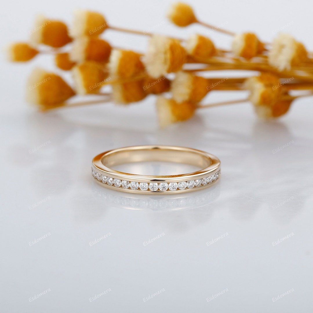 Moissanite Wedding Band, Solid 14K Yellow Gold Half Eternity Matching