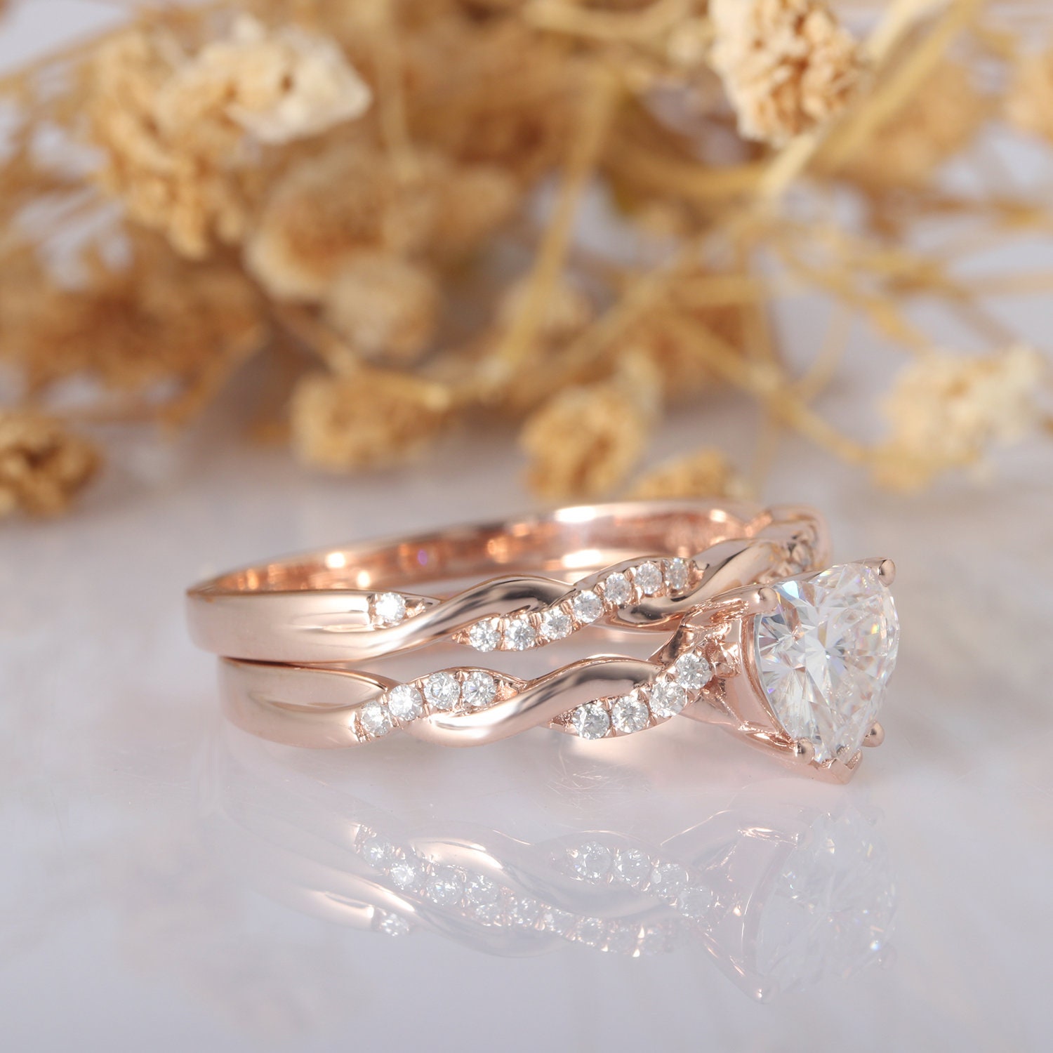 Moissanite Bridal Set Heart Shape Moissanite Engagement Ring Etsy