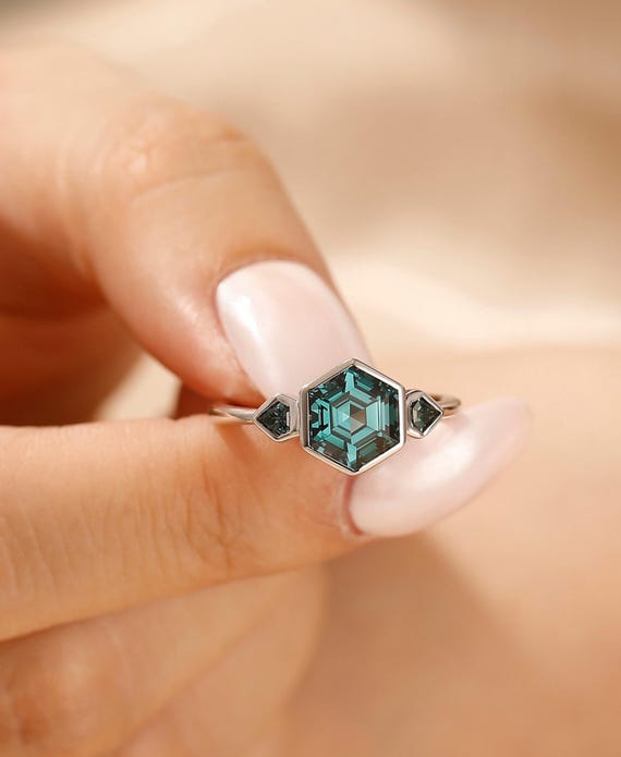 Hexagon Cut Blue Green Sapphire Ring, Bezel Set Teal Sapphire