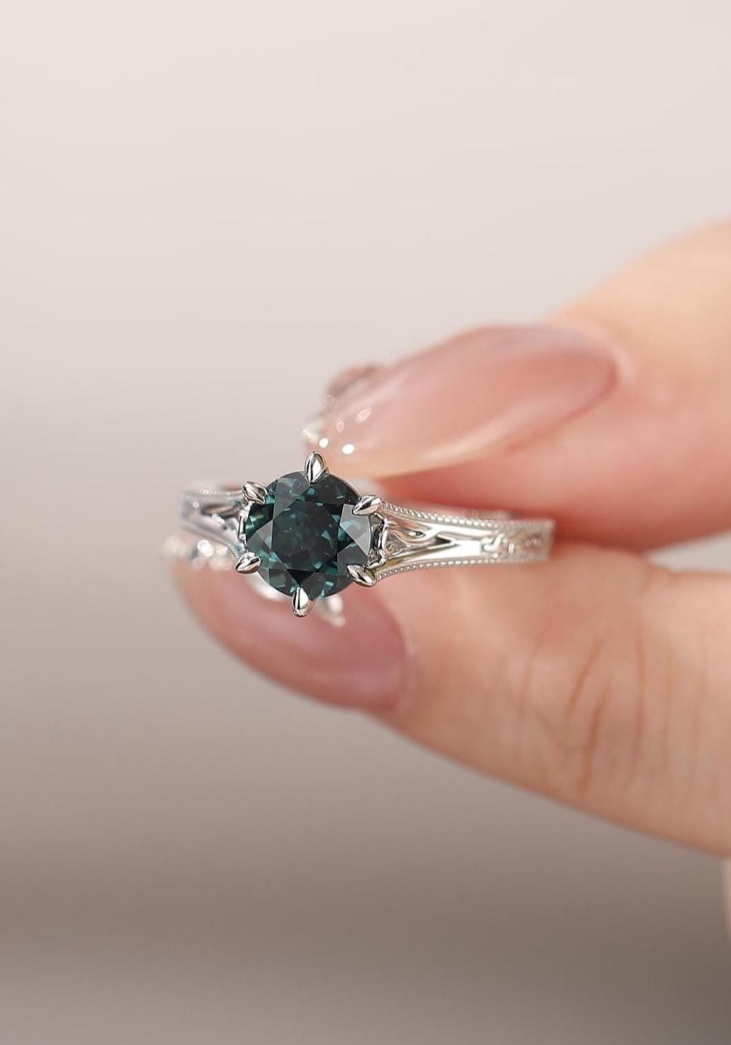 Blue Green Sapphire Engagement Ring, Solid Gold Vintage Teal Sapphire Wedding Ring, Engraved Band Proposal Ring, Filigree Solitaire Ring