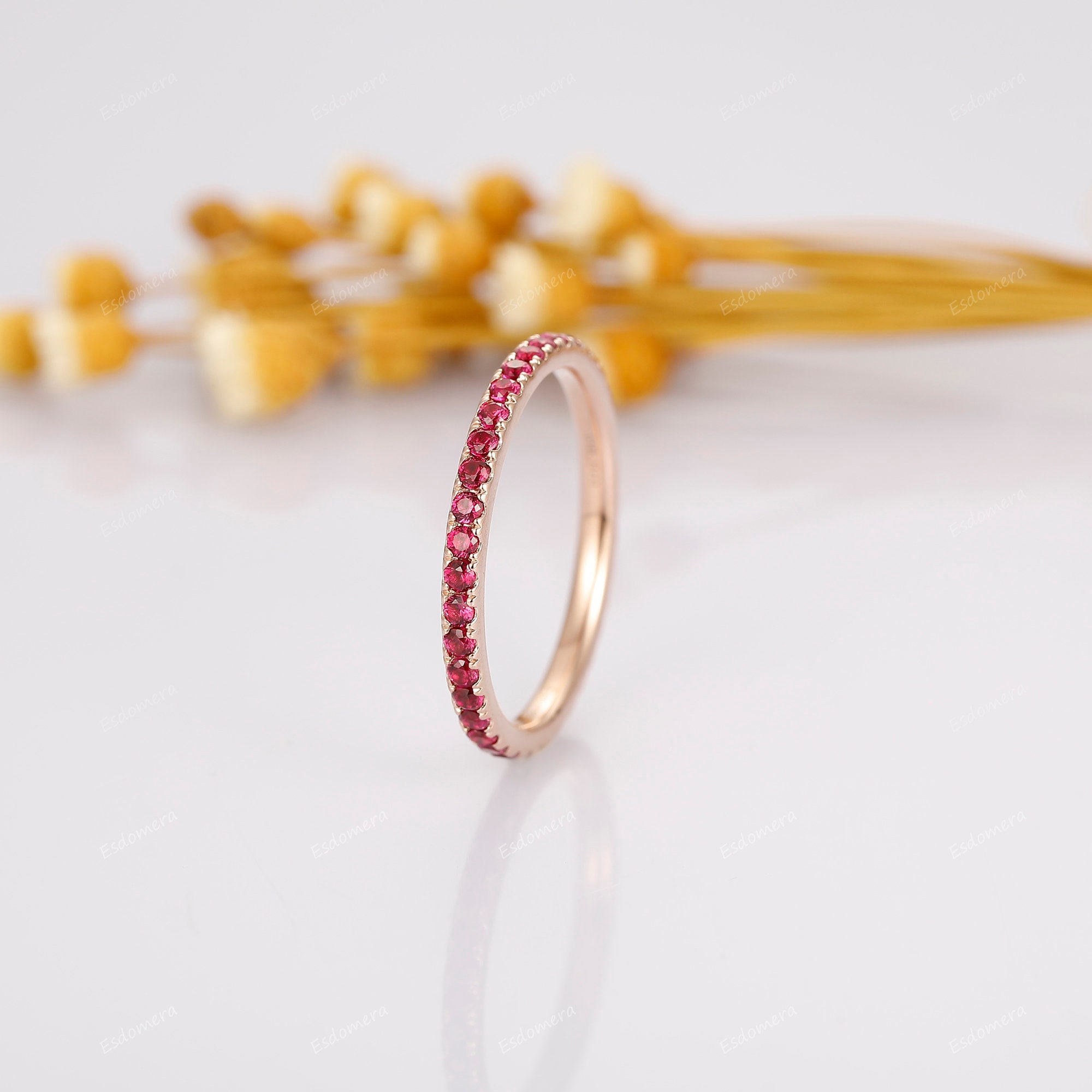 Ruby Full Eternity Ring, Ruby Straight Wedding Band, Anniversary Bridal Ring, Rose Gold Stacking Ring, Simple Style Lab Created Rubies Ring