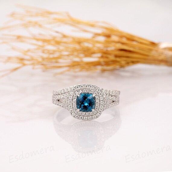 Bridal Wedding Ring Set, Cushion Cut 1CT London Blue Topaz