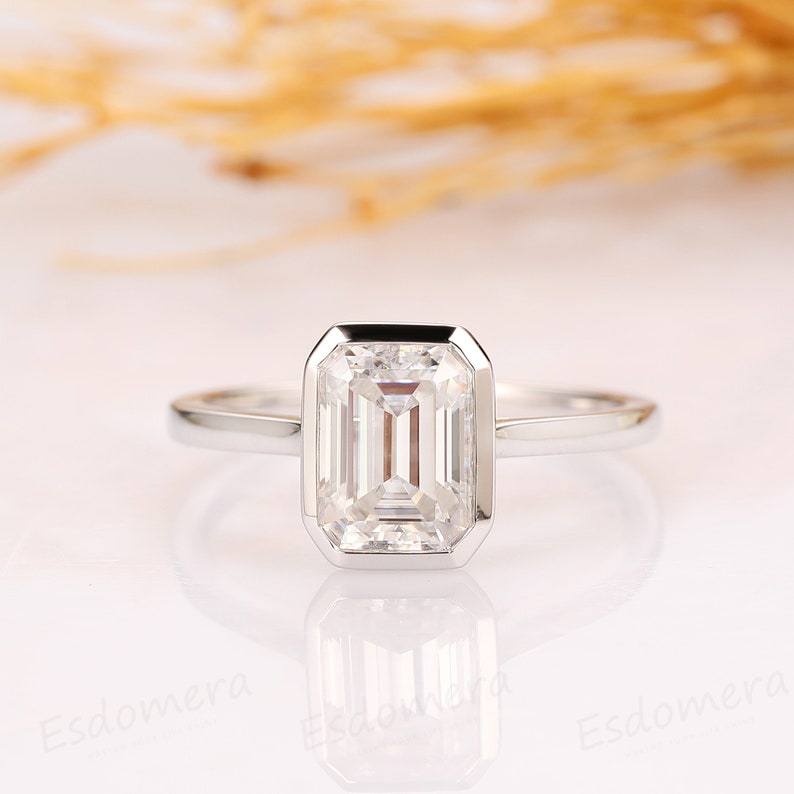 2CT Emerald Cut Moissanite Solitaire Ring, 14K Yellow Gold Engagement Ring, Bezel Setting, Statement Ring, Gift For Her, Anniversary Ring image 3