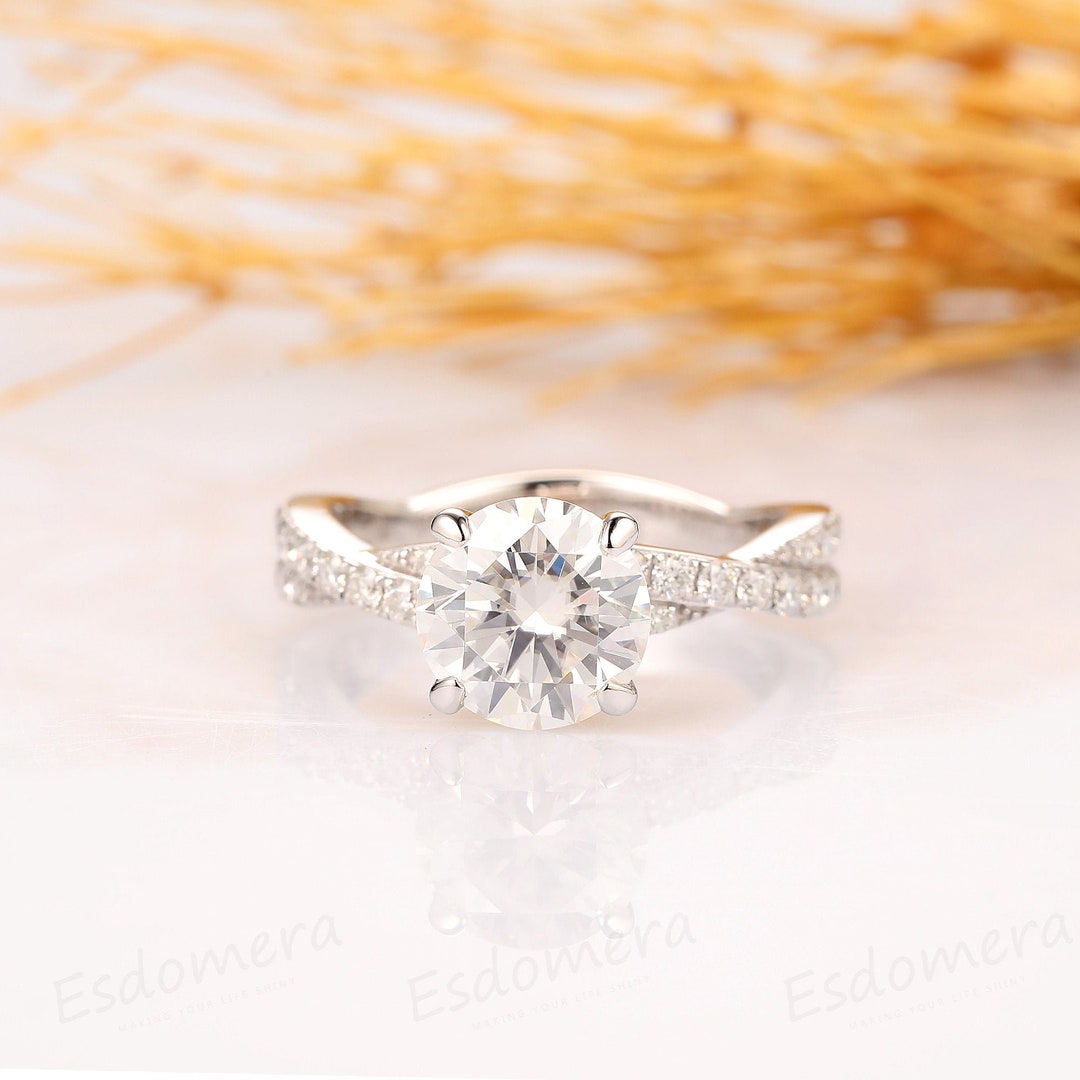 Unique Art Deco Round Cut 2ct Moissanite Ring Twist Band 14k - Etsy